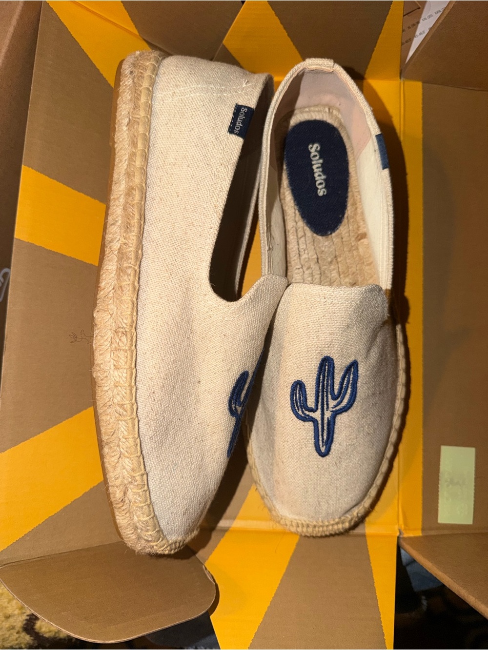 Soludos Mens Natural Canvas Espadrilles with Blue Cactus Patch